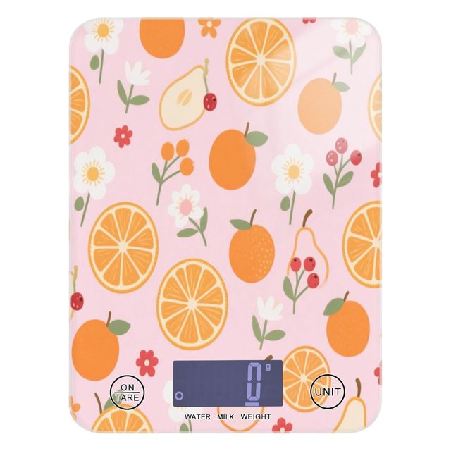 Balance alimentaire numérique à écran LCD 5 kg/5 g Rose Baie Orange Poire Texture florale Petite balance de cuisine avec 4 unités pour perte de poids Cuisson Cuisson (piles non incluses) peso