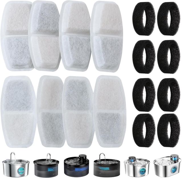 Filtre de Fontaine à Eau 16 Pièces, 8 Filtre Fontaine pour Chat + 8 Mousse Filtres pour Fontaine de Chat 3.2L,2.5L (108oz,84oz）avec Charbon Actif & Résine conTriple Filtration