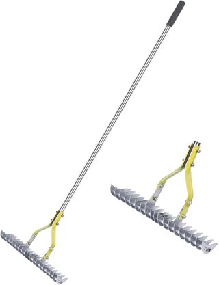 BARAYSTUS Scarificateur à Gazon, Râteau Déchaumeur à Chaume, Manche Réglable 148 cm, Dents Acier Carbone – Outil Multifonction pour Désherber et Aérer le Sol – Pelouse et Jardin