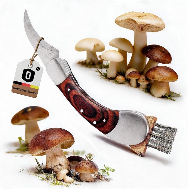 Dönges Couteau à champignons avec brosse, pliable, avec sac - Cadeau pour cueillir les champignons en plein air - Couteau éponge de qualité supérieure en acier inoxydable et bois de pakka