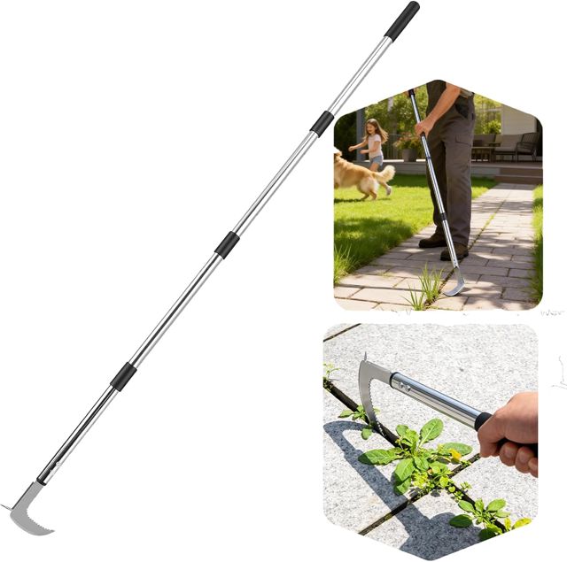 Outil de Désherbage avec Long Manche, 60-160 cm Désherbeur à Manche Long Réglables avec Bord Dentelé, Couteau Désherbeur Manuel en Acier Inoxydable pour Enlever la Mousse et Les Mauvaises Herbes