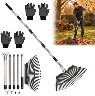 Rateau a Feuille, 25 Dents, Manche Réglable de 190 cm, 2 Paires de Gants