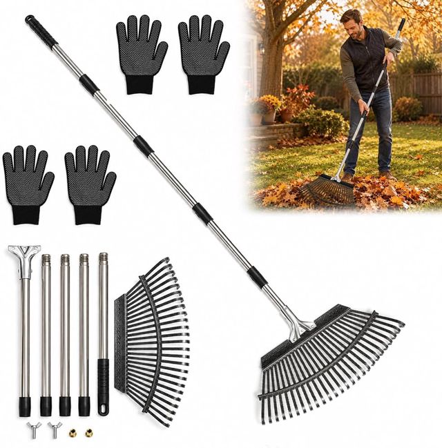 Rateau a Feuille, 25 Dents, Manche Réglable de 190 cm, 2 Paires de Gants