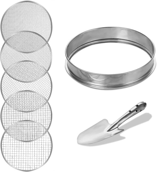 Tamis de Jardin Rond 30cm en Acier Inoxydable avec 5 Mailles Interchangeables Tailles de 3/6/9/10/12mm Outil Jardinage pour Tamiser Le Sol, Les Semences, Les Pierres et Le Compost, Pelle Inclus