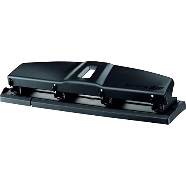 MAPED OFFICE - Perforatrice 4 Trous - Perforeuse A4 Métal pour 10 à 12 Feuilles - Avec Système de Calage Optimisé sur les Anneaux du Classeur et Trappe à Confettis - Gamme Essentials - Noir