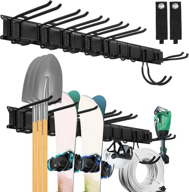 Sinoer Panier mural de gestion d'outils de garage, support métallique pour outils de jardin, rangement outils，range outils de jardin，accroche balai ，support outils mural，96 pouces 18 crochets