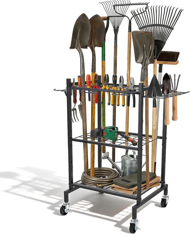 Support pour outils de jardin debout avec roulettes, 2 crochets amovibles et 9 crochets fixes, rangement d'outils de jardin jusqu'à 35 outils pour pelle, houe et fourche, atelier, garage et