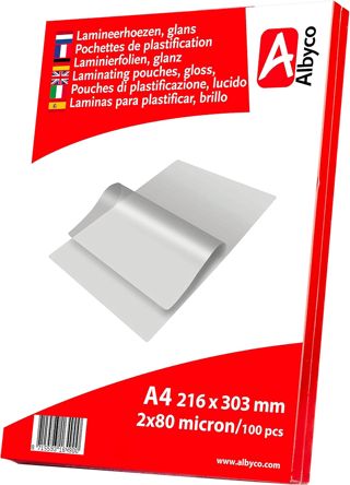 100x Albyco Pochettes de Plastification -A4 (216x303mm) - Ép. 2x80 (160) µm