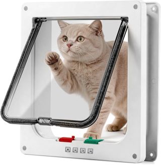 Chatiere pour Chat, 28×25×5.5cm Grande Chatière pour Intérieur et Extérieur, Verrouillage à 4 Voies pour Chats et Petits Chiens, Installation Facile, Fermeture Magnétique,Blanc