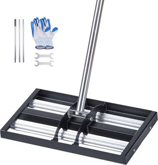 VEVOR Râteau de Nivellement de Pelouse avec Rouleaux 43,8x25,5 cm Niveleur de Gazon Acier Inoxydable, Outil de Nivellement pour Cour, Terrain de Golf, Jardin, avec Manche 161 cm Réglable en 4 Sections