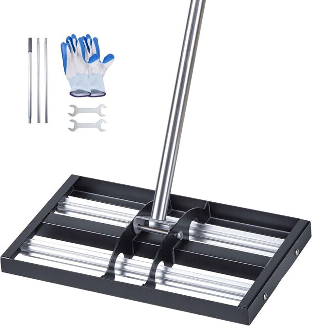 VEVOR Râteau de Nivellement de Pelouse avec Rouleaux 43,8x25,5 cm Niveleur de Gazon Acier Inoxydable, Outil de Nivellement pour Cour, Terrain de Golf, Jardin, avec Manche 161 cm Réglable en 4 Sections