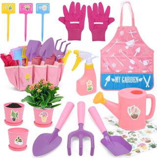 CUTE STONE kit Jardinage Enfant, Outils Jardinage Enfant, Outils De Jardin Inclus Pelle, Rateau,Tablier, Arrosoir, Gant, Autocollants DIY, Kit de Jardinage pour Garçons et Filles（Rose）