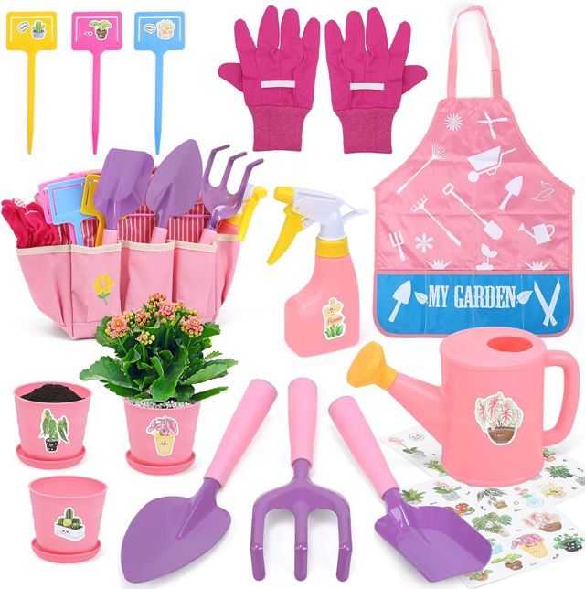 CUTE STONE kit Jardinage Enfant, Outils Jardinage Enfant, Outils De Jardin Inclus Pelle, Rateau,Tablier, Arrosoir, Gant, Autocollants DIY, Kit de Jardinage pour Garçons et Filles（Rose）