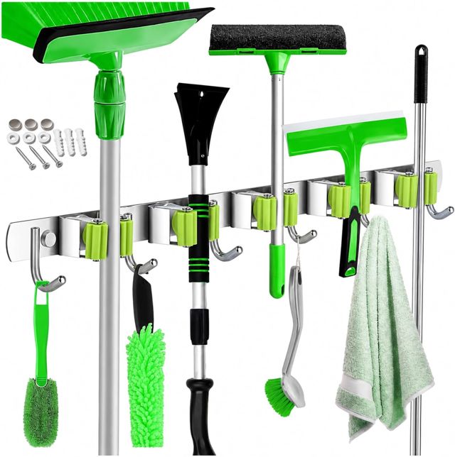 PARENCE. Support Mural pour Balais – 5 Emplacements et 6 Crochets – Porte Balais en Acier Inoxydable – Organisateur de Rangement pour Cuisine, Buanderie, Garage, Jardin – 60 cm