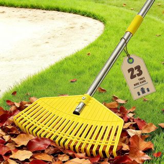 Râteau de jardin extra large de 42 cm, long manche léger pour femmes, personnes âgées, enfants, nettoyage sans effort, 23 dents flexibles pour la pelouse, râteaux réglables en plastique de 203 cm pour