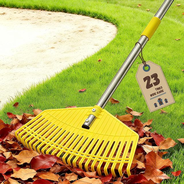 Râteau de jardin extra large de 42 cm, long manche léger pour femmes, personnes âgées, enfants, nettoyage sans effort, 23 dents flexibles pour la pelouse, râteaux réglables en plastique de 203 cm pour