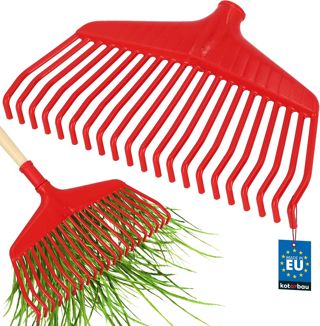 KOTARBAU® Rateau À Feuilles - Plastique - 48 cm - avec Manche en Bois - Extra-Click - Rateau Jardin - Ramasse Feuilles - Léger - Rouge & Bois - Ergonomique
