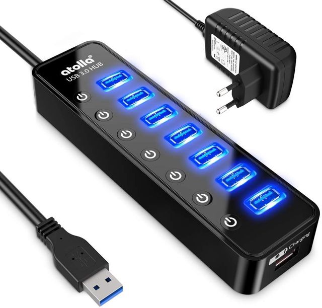 Atolla Hub USB 3.0 7 Ports Multi Hub USB Alimenté avec Interrupteur Indépendant et 5V/4A 20W Adaptateur Alimentation