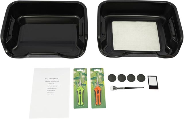 Plateau de coupe avec maille en acier inoxydable de 150 microns, filtre à pollen avec ciseaux, brosse, carte grossissante et plateau de nettoyage pour herbes, kit Trim Bin Pro pour