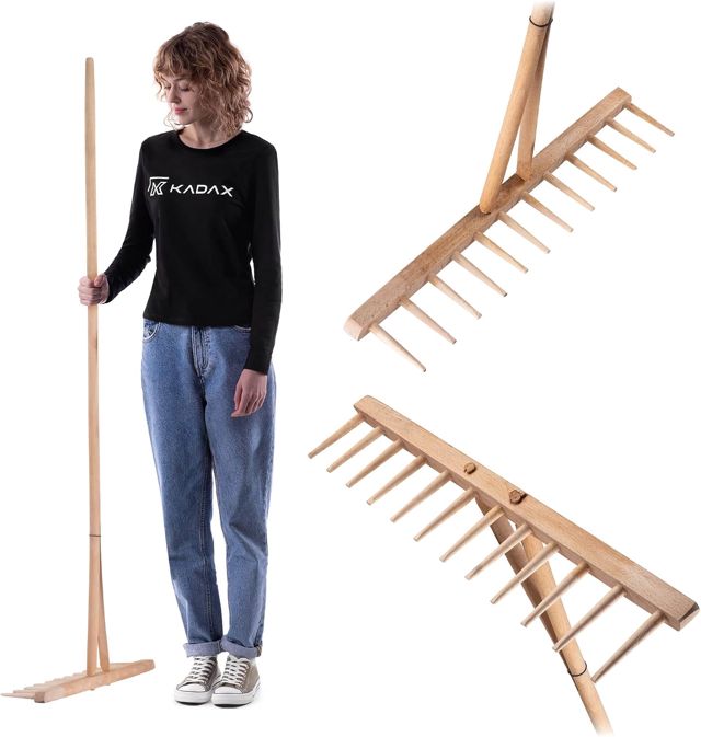 KADAX Râteau à Foin avec Manche en Bois Long pour Une Récolte Efficace et Confortable, Râteau à Feuilles de Jardin, Outil de Jardinage (Bois)