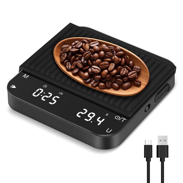 Balance Café 2kg/0,1g Haute Précision, Balance de Cuisine Precision avec 6 Unités, Rechargeable USB-C, Tarage Automatique, Balance Alimentaire pour Pour Over & Barista