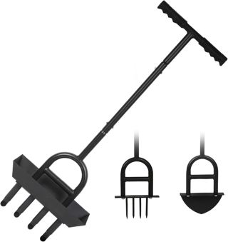 Boudech Aeroforge Aérateur de pelouse manuel 3 en 1 avec aérateur à 4 pointes Pelle en demi-lune pour bordure et carotage avec plateau de rangement pour l'entretien du jardin Noir