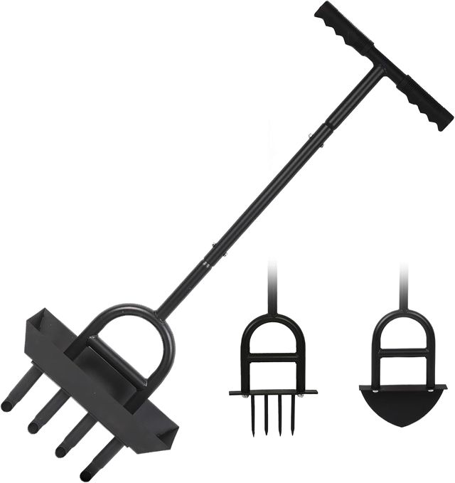 Boudech Aeroforge Aérateur de pelouse manuel 3 en 1 avec aérateur à 4 pointes Pelle en demi-lune pour bordure et carotage avec plateau de rangement pour l'entretien du jardin Noir