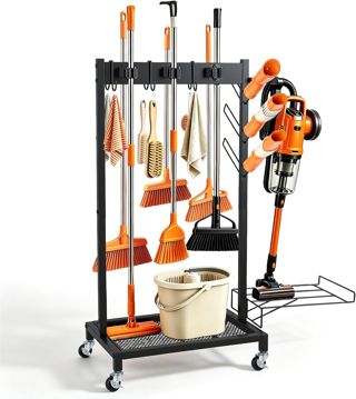Chariot de Nettoyage, Porte Balai, avec 4 roulettes, 3 Crochets et 6 Emplacements, pour Outils de Jardin, avec Roue et Crochet, Support pour Outils Jardin, Étagère Rangement Nettoyage Mobile