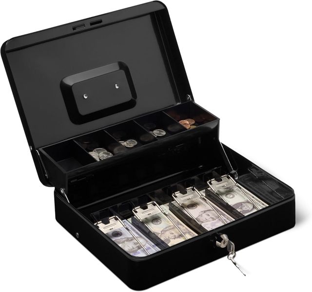 Amazon Basics Caisse à monnaie avec serrure et plateau à billets, 9 x 30 x 24 cm (H x l x P), noir