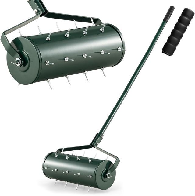 RELAX4LIFE Scarificateur Gazon Manuel 53CM avec Poignée &Rouleau à Pointes Rotatives, Rouleau Aérateur Gazon de Pelouse en Métal pour Jardin Cour Patio (6.8L | 53x130CM, Noir)