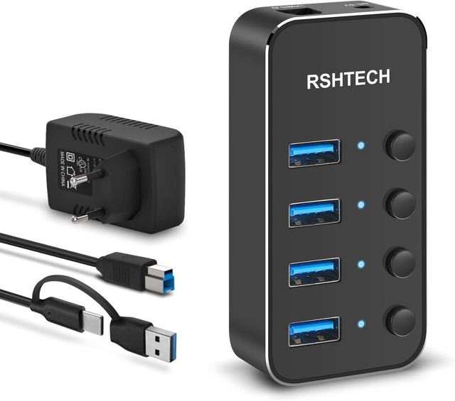 Hub USB Alimenté, RSHTECH Hub USB 3.2/USB C à 7 Ports avec 3*10Gbps Data Port (USB-A, 2*USB-C), 4*5Gbps USB 3.0 Ports, Touch Switch, 2-in-1 Data Cable (100cm), Adaptateur Alimentation 5V, RSH-ST07C