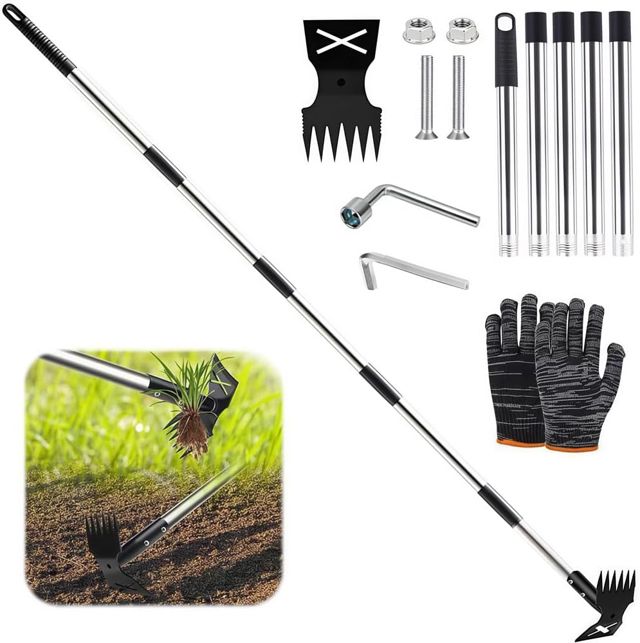 Desherbeur Manuel Long Manche de 180 cm, Râteau Manuel 2 en 1 et houe de Jardin, Arrache Mauvaise Herbe Long Manche, Multifonctionnelle Houe pour Jardinage, pour Cour, Pelouse, Terrasse