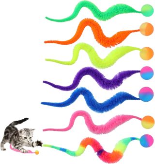 Lot de 7 balles rebondissantes pour chat, ver moelleux, jouet pour chat avec balle, jouet interactif en forme de ver, cadeau pour fête des animaux de compagnie, couleurs arc-en-ciel