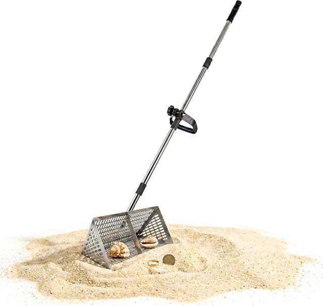 Relaxdays Râteau Plage Tamis 40 cm, Manche 140 cm, INOX argenté
