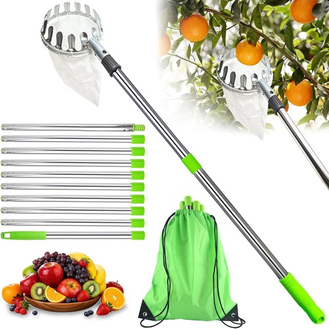 Cueille Fruit Telescopique 4m, Cueillette Cerise, Cueilleur de Fruits Amovible, Ramasse Fruit de INOX Outils de Ramassage-portable, Stable et Efficace