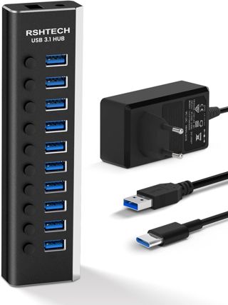RSHTECH Hub USB 3.0 à 10 Ports Aluminium, Hub USB 3.1 Alimenté, RSH-A10S