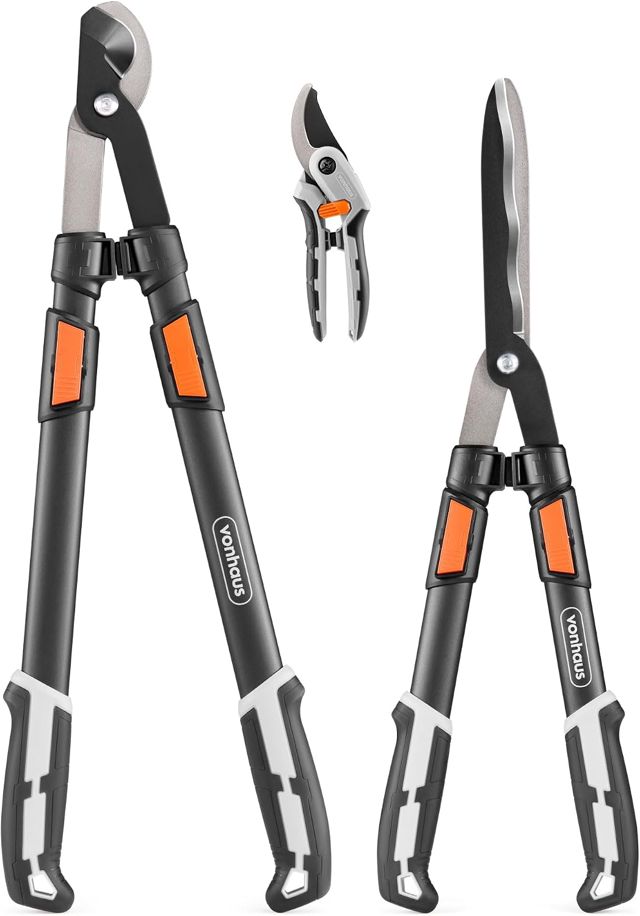 VonHaus Lot de 3 Cisailles de Jardin, Coupe-Branches, Taille-Haie, Sécateur, Poignées Télescopiques Extensibles, Prise Douce, Outils Légers