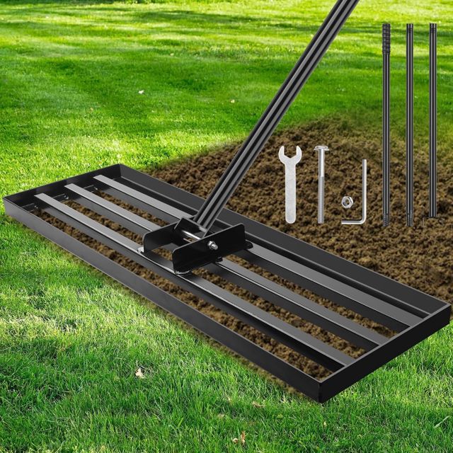 Râteau de Nivellement de Pelouse 41x25cm, Râteau de Nivellement Très Résistant avec Poignée Réglable Antidérapante de 213cm, Robuste Outil de Nivellement pour Jardin, Arrière-cour, Terrain de Golf