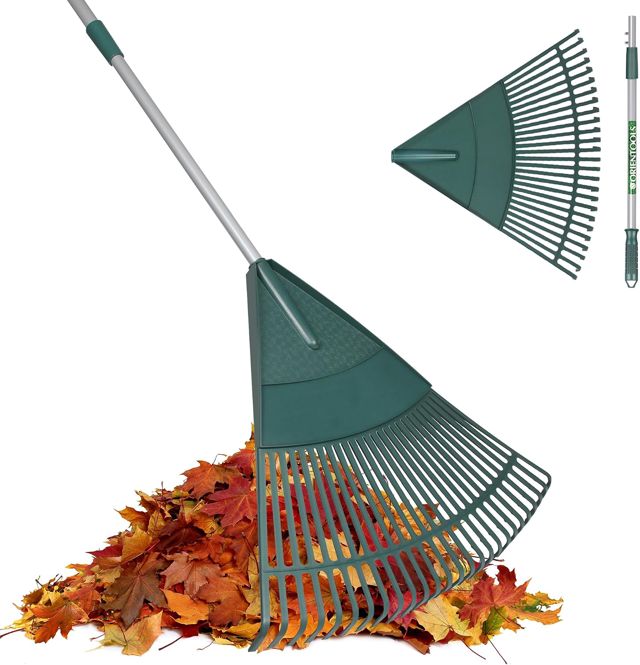 ORIENTOOLS Rateau a Feuille de Jardin, Râteau à Arbustes Réglable en Polyéthylène à Manche en Acier Léger, Tête en Plastique (Vert 26 Dents)