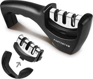 PORTENTUM Aiguiseur couteaux professionnel manuel pour couteaux de cuisine 3 phases - Affuteur de couteaux avec design ergonomique avec finition noire/chromée