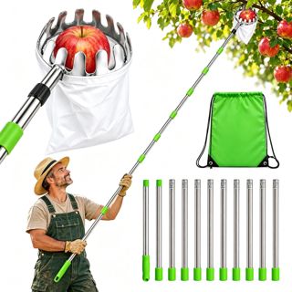 4m Cueille Fruit Télescopique, Pomme avec Sac en Outil Cueillette, en Acier Inoxydable Cueilleur de Pommes Diamètre 16 cm, pour Cerises pour Poires, Agrumes, Orange