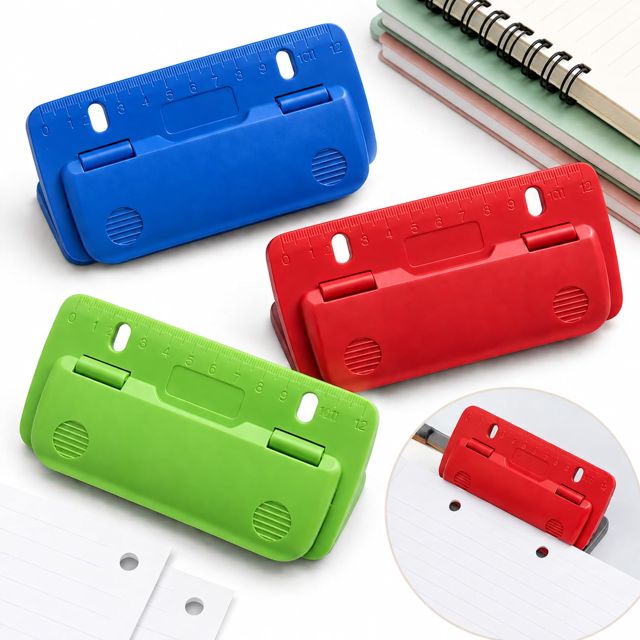 Lot de 3 perforateurs de poche à 2 trous - Petites perforatrices - 13 x 6,7 cm - Avec échelle - Rouge, vert et bleu - Pour classeur à classer pour l'école, le bureau, les notes, les documents