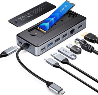 ORICO 8-en-1 Station d'accueil USB C avec Boîtier SSD M.2, Hub USB C avec SSD M.2 NVMe/SATA, Adaptateur Multiports USB 10Gbps, HDMI 4K@60Hz, 100W PD, SD/TF, Docking Station - OM28P