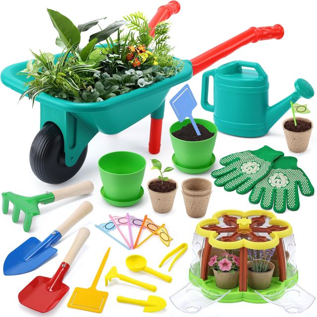 Cute Stone Ensemble de Jardinage Enfants, Kit de Culture de Plantes avec brouette, 3 Outils de Jardin en métal, Serre Enfants avec système d'irrigation amélioré, Jouets d'intérieur et d'extérieur