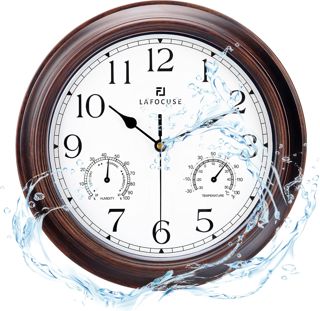 Lafocuse 30cm Horloge Murale Exterieure Etanche avec Thermomètre et Hygromètre, Vintage Marron Pendule Murale Retro, Silencieuse Shabby Chic Deco pour Extérieur, Jardin, Balcon, Salle de Bain, Cuisine