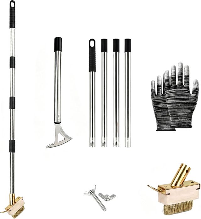 Brosse à Mauvaises Herbes, avec Manche Réglable, Outil de Désherbage 4-en-1 avec Brosse Métallique et Grattoir pour Joints, Pavés, Terrasses, Allées, Bordures et Murs, 157 cm