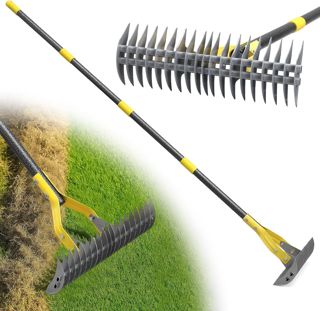 Râteau, 140cm Râteau de Jardin Robuste en Acier Inoxydable avec Long Manche Réglable et Lame Tranchante - Multifonction Râteau à Paille avec 19Dents Double Couche pour Désherber, Fertiliser Lawn/Gris