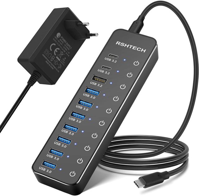 RSHTECH 10 Ports Hub USB Alimenté avec 12V/5A 60W Alimentation, RSH-ST10C