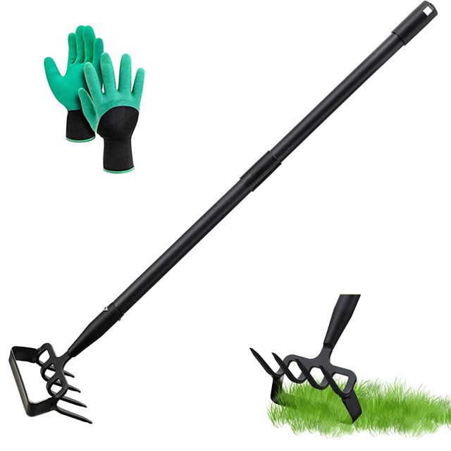Houe de jardin 170cm Houe à étrier et râteau à pointes 4 dents 2 en 1 en acier inoxydable Houe à main Outil de jardin Houe à étrier avec action réglable pour désherber/meubler le sol