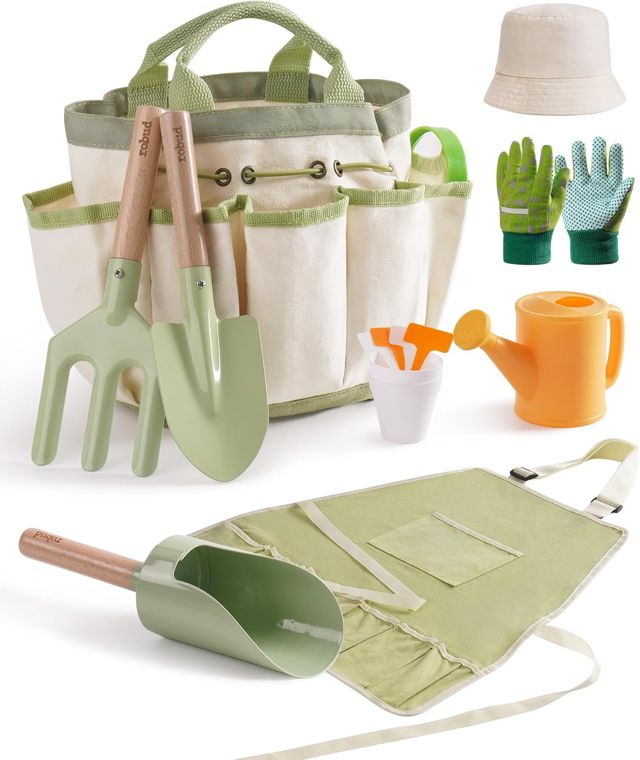 ROBUD Ensemble Jardinage Enfant 18 Pièces, Kit Outils Jardin avec Tablier, Pelle, Fourche, Arrosoir, Pelle Cylindrique, Jouet Éducatif Extérieur pour Garçons et Filles 3+ Ans